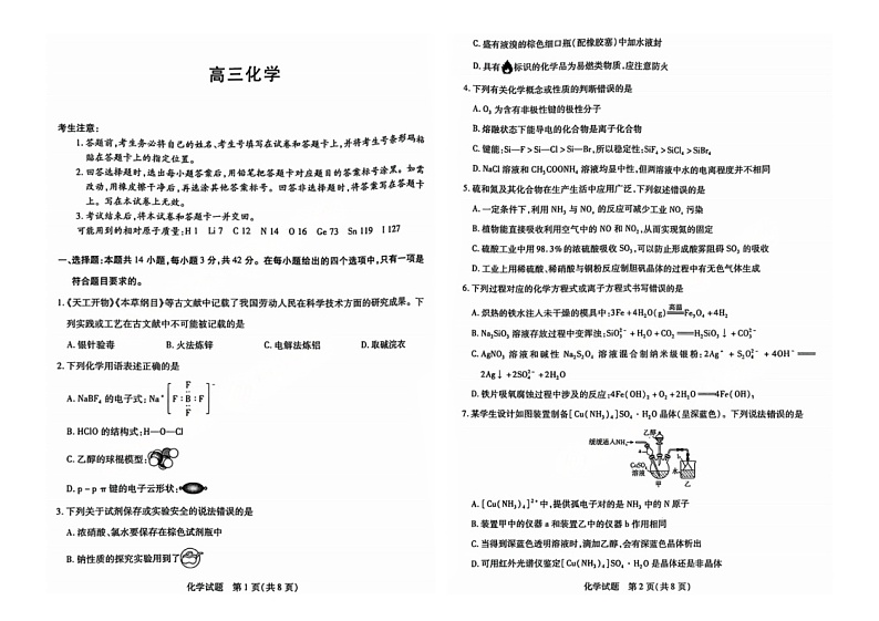 湖南省部分学校大联考2024-2025学年高三上学期11月联考 化学试题第1页