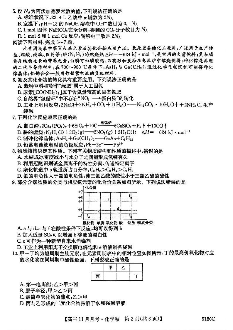 安徽省蚌埠市固镇县毛钽厂实验中学2024-2025学年高三上学期11月月考试化学试题第2页