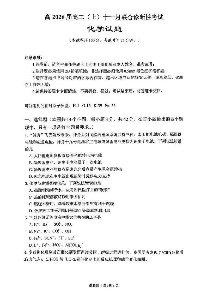 重庆鲁能巴蜀+育才中学两校联考高二(上)期中化学试题第1页