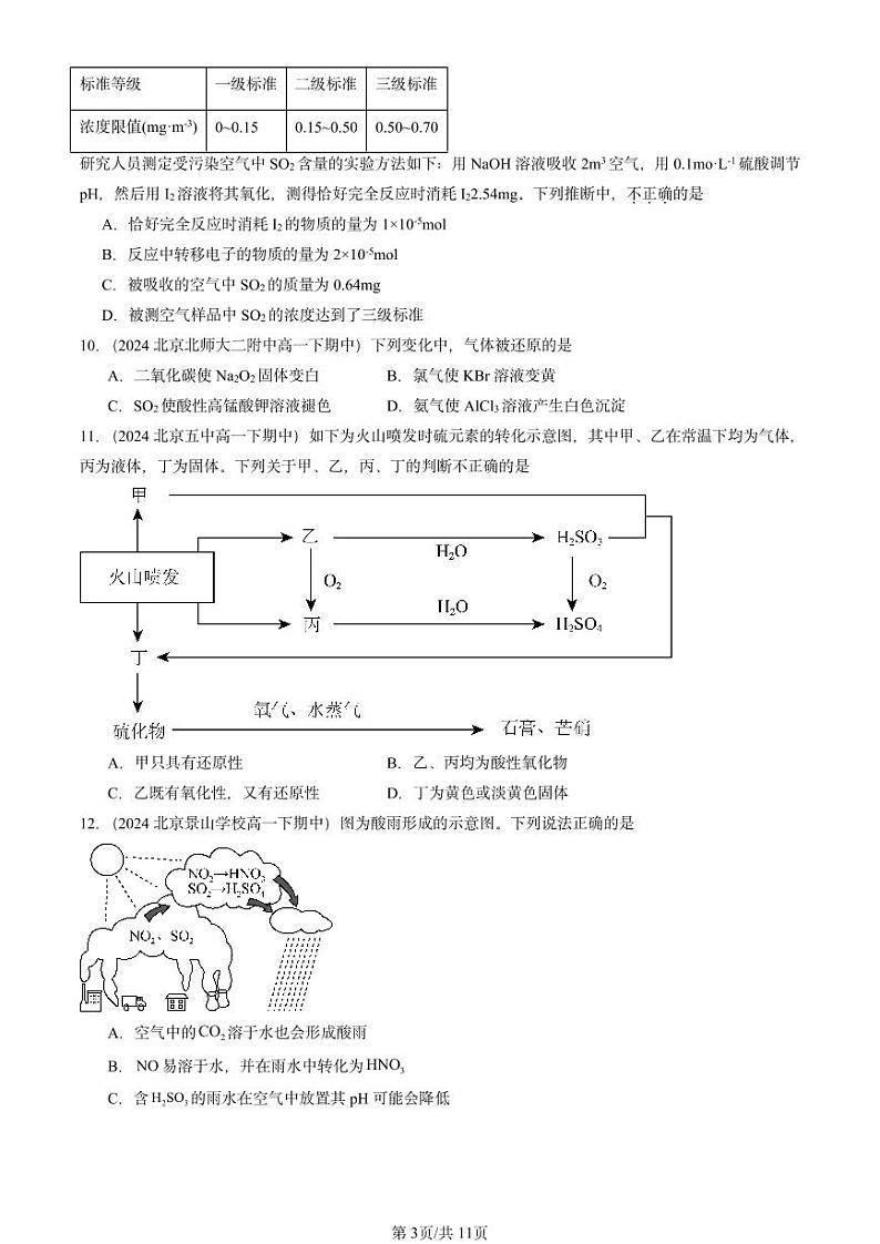 2024北京重点校高一(下)期中真题化学汇编:硫的转化2(鲁科版)第3页