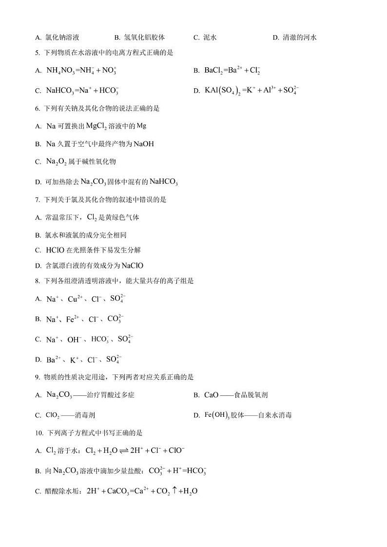 河南省九师联考2024-2025学年高一上学期11月期中考试化学试题无答案第2页