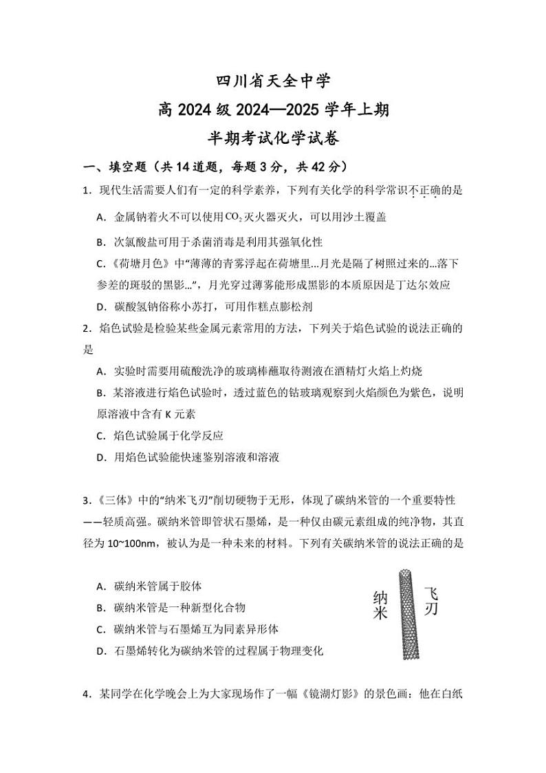 2024~2025学年四川省雅安市天全中学高一(上)期中考试化学试卷(含答案)第1页