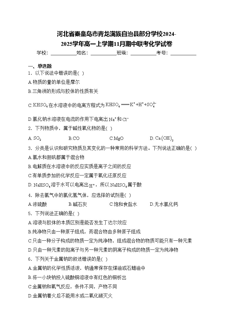 河北省秦皇岛市青龙满族自治县部分学校2024-2025学年高一上学期11月期中联考化学试卷(含答案)第1页