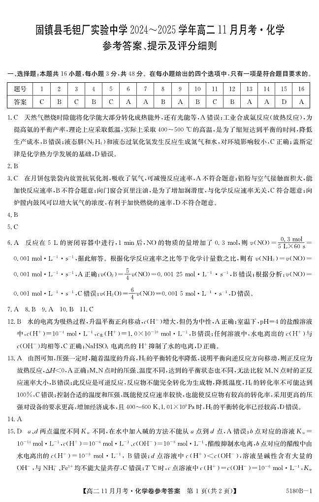 安徽省蚌埠市固镇县毛钽厂实验中学2024-2025学年高二上学期11月月考试化学试题答案第1页