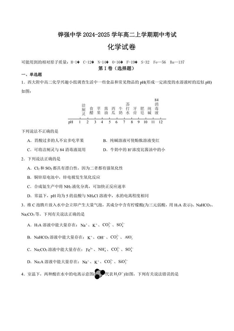 2024~2025学年四川省眉山市仁寿县铧强中学高二(上)期中化学试卷(含答案)第1页
