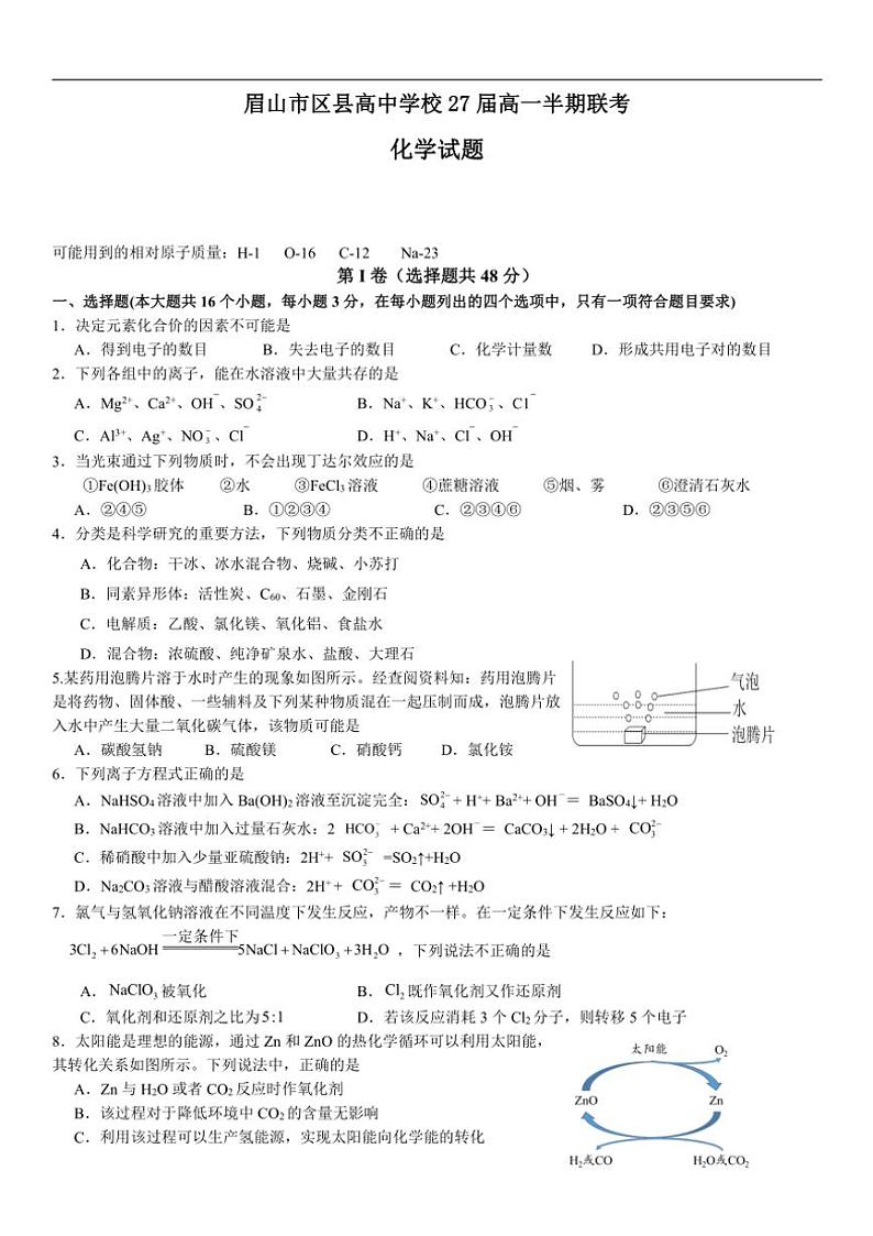2024~2025学年四川省眉山市区县高中学校联考高一(上)期中化学试卷(含答案)第1页