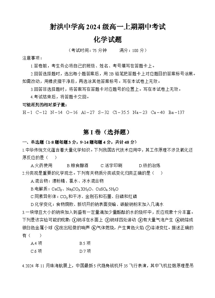 2025遂宁射洪中学高一上学期期中考试化学试题无答案第1页