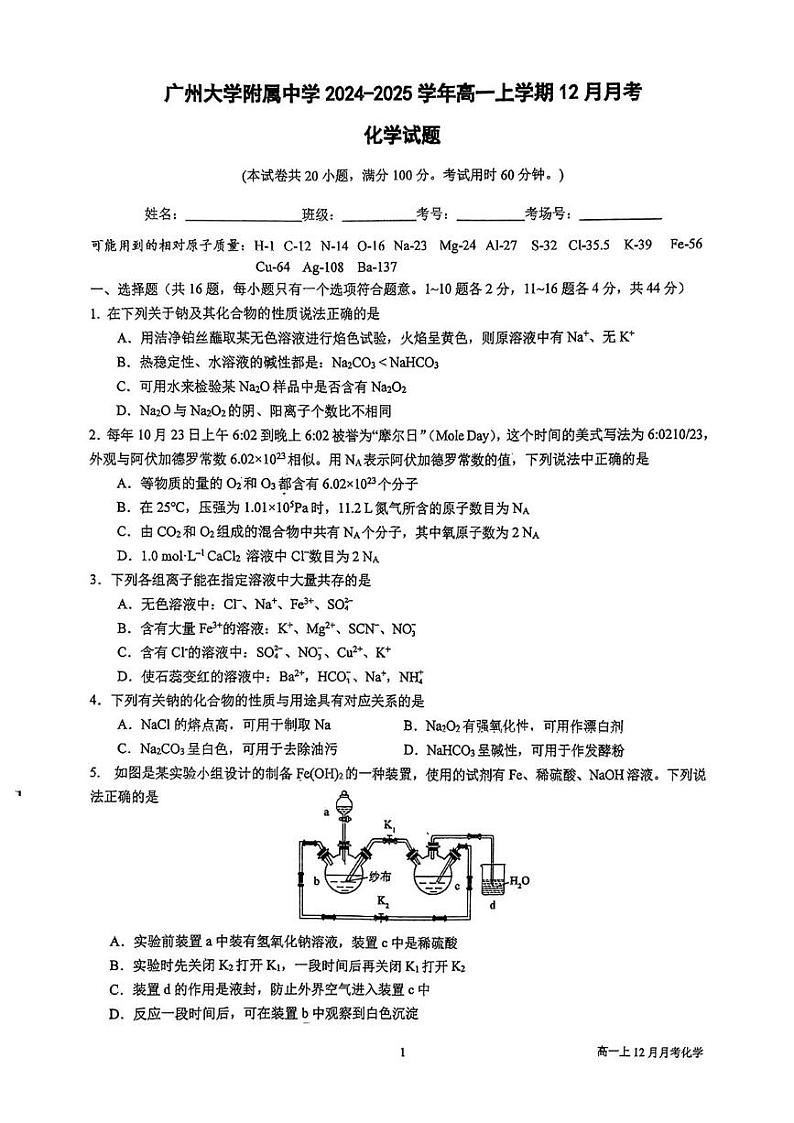 广东省广州市广州大学附属中学2024-2025学年高一上学期化学12月月考试卷第1页