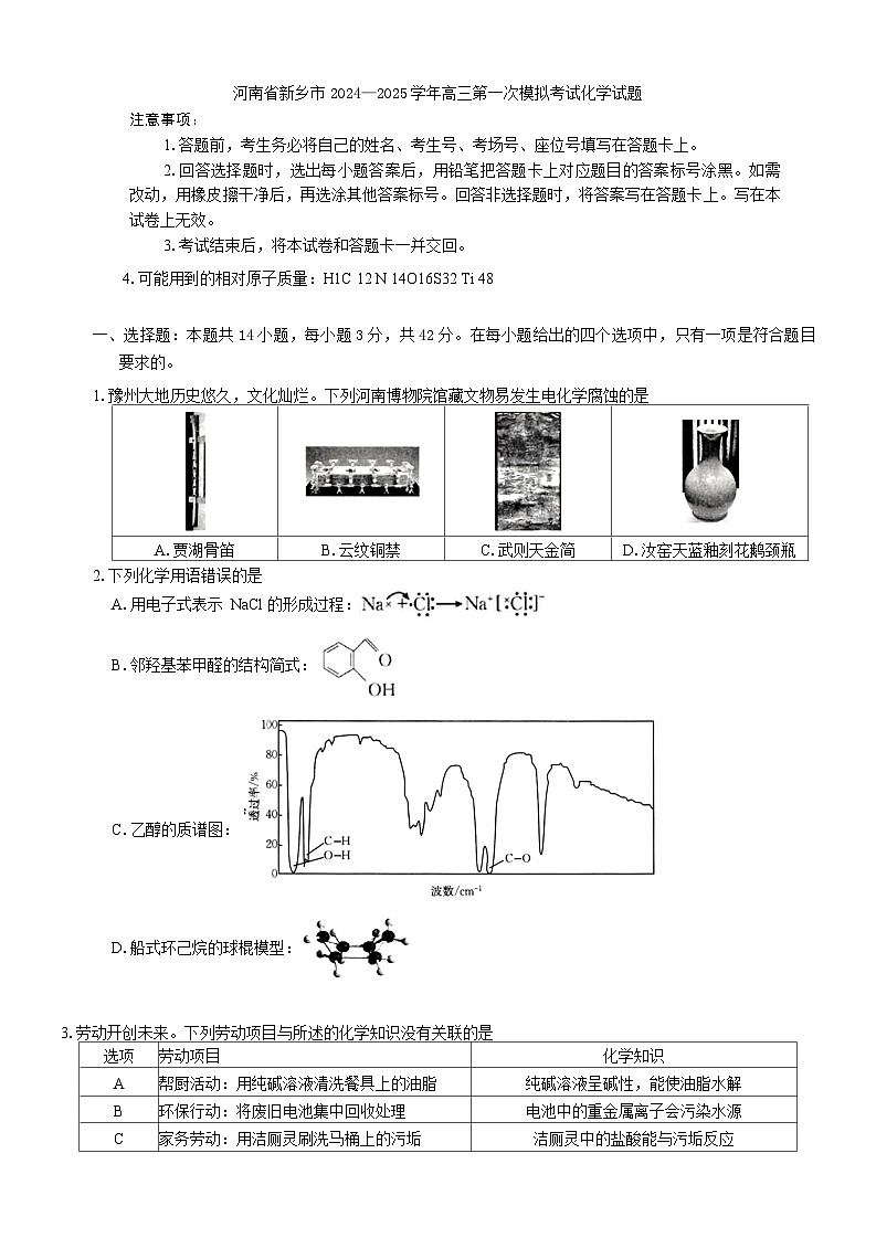 河南省新乡市2024—2025学年高三第一次模拟考试化学试题第1页