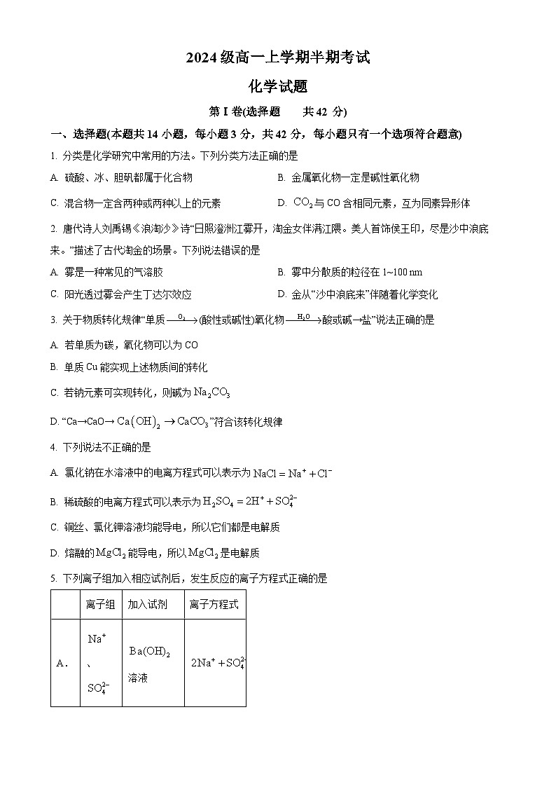 四川省眉山市仁寿第一中学南校区2024-2025学年高一上学期11月期中考试 化学试题 Word版无答案第1页