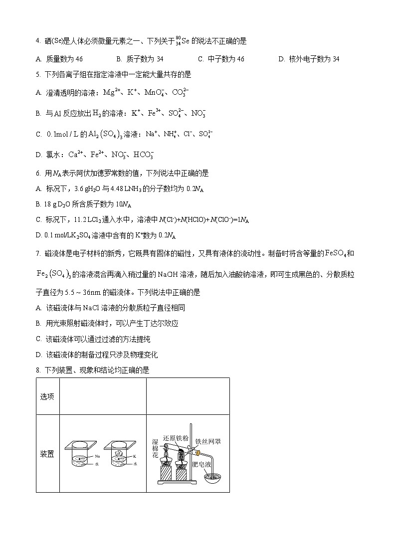四川省绵阳市南山中学2024-2025学年高一上学期12月月考 化学试题 Word版无答案第2页