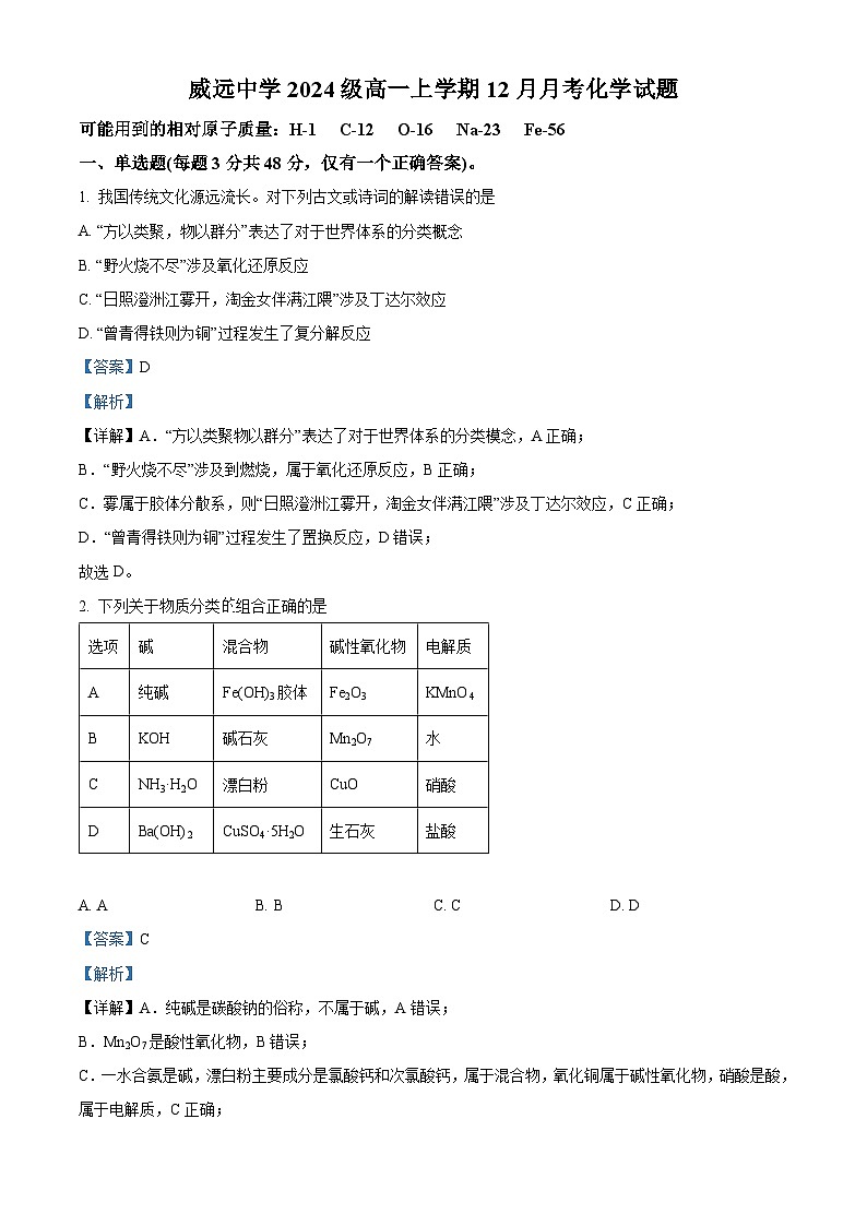 四川省内江市威远中学2024-2025学年高一上学期12月月考化学试题 Word版含解析第1页