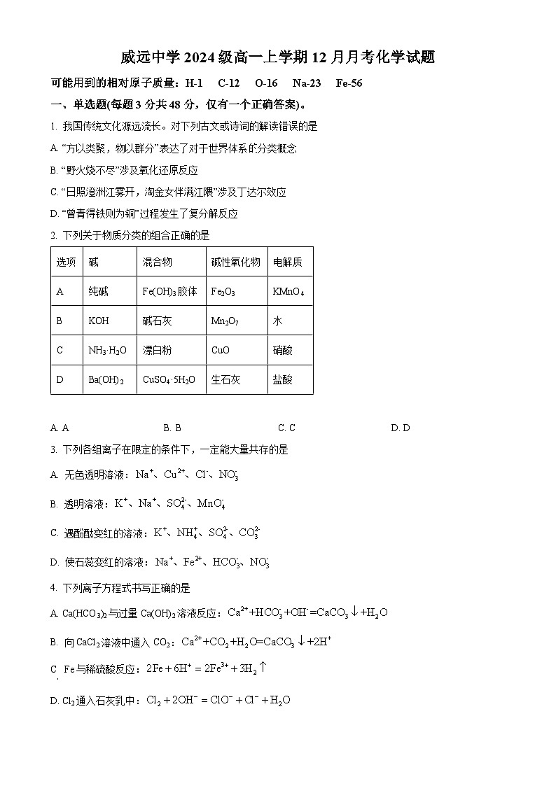 四川省内江市威远中学2024-2025学年高一上学期12月月考化学试题 Word版无答案第1页