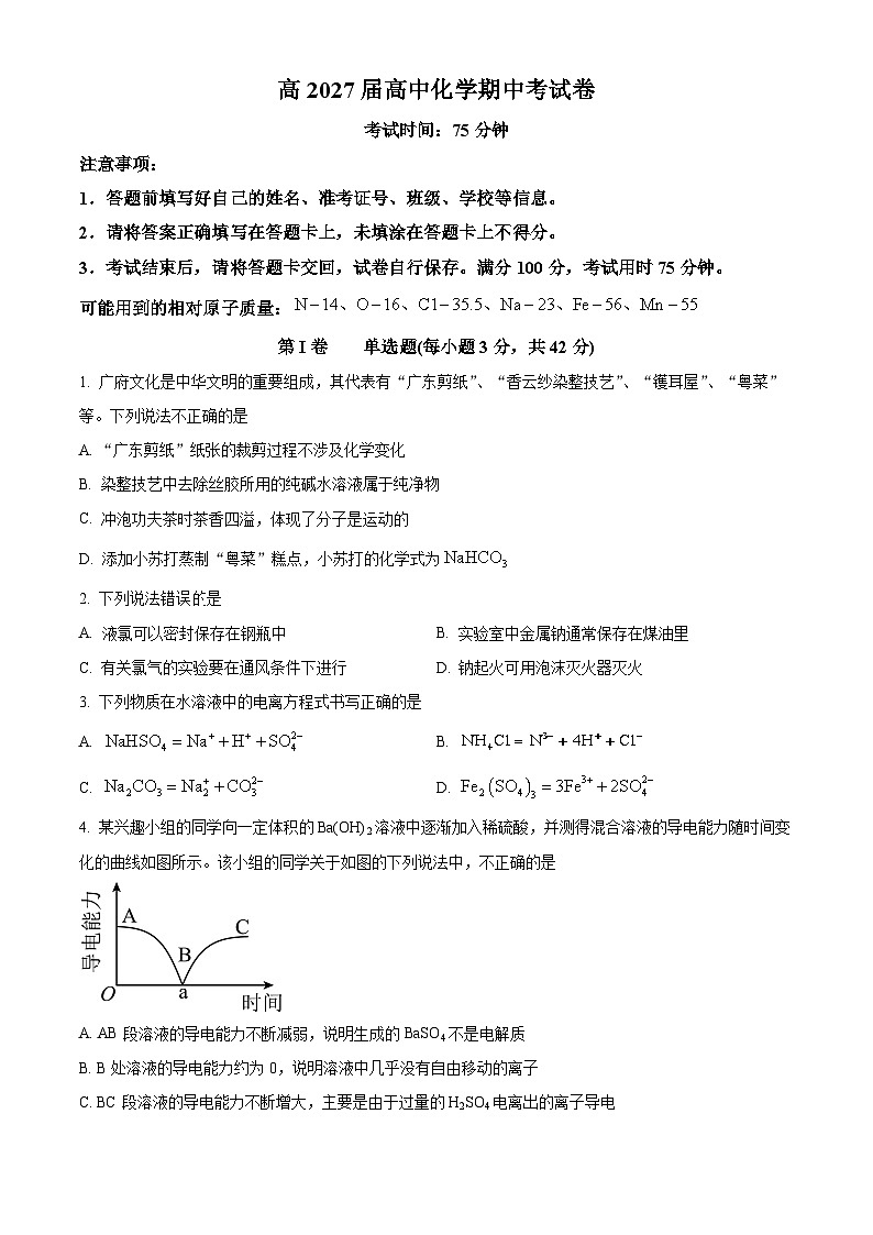 四川省自贡市荣县中学2024-2025学年高一上学期期中考试  化学试题 Word版无答案第1页