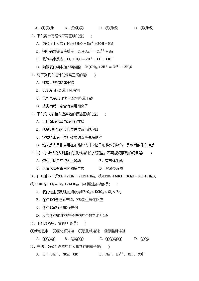 安徽省淮北市2023-2024学年第十二中学高一上学期化学期中考试试卷第2页