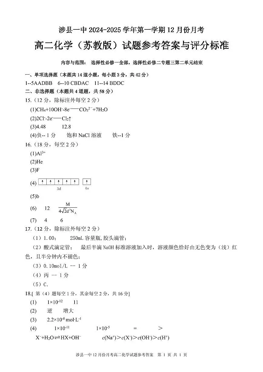 涉县一中高二化学12月考答案第1页