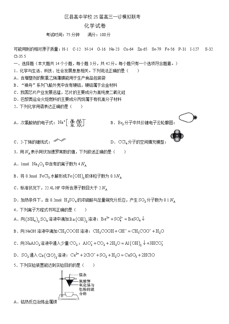 四川省眉山市区县高中学校2024-2025学年高三上学期一诊模拟联考化学试卷（Word版附答案）