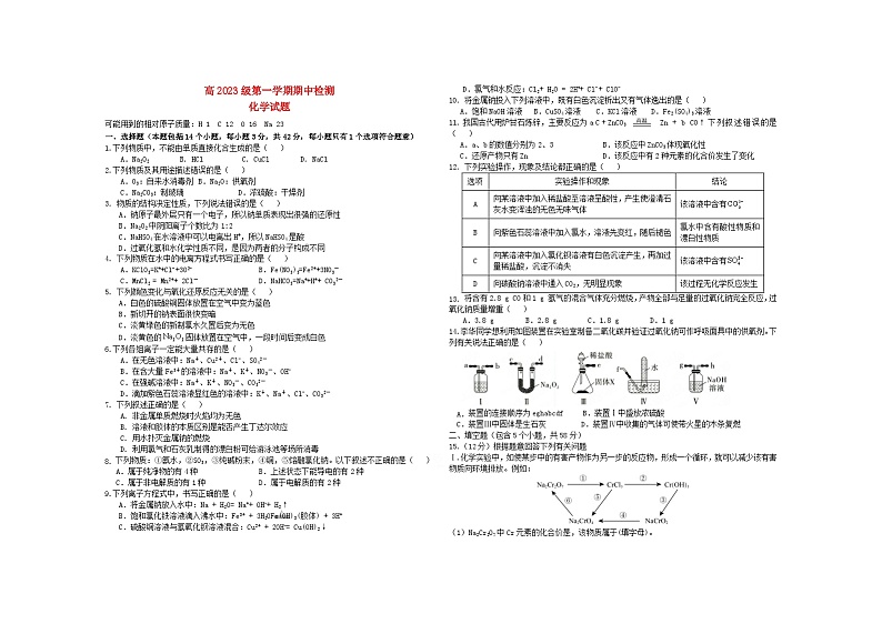 四川省资阳市2023_2024学年高一化学上学期期中试卷无答案第1页