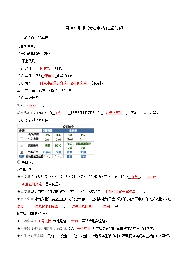 【寒假衔接讲义】人教版 高中生物 高一寒假 第03讲 降低化学反应活化能的酶（教师版+学生版）.zip