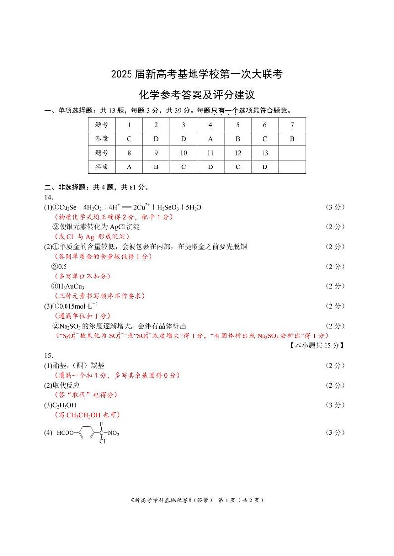 江苏省新高考基地学校2024-2025学年高三上学期12月第一次大联考化学答案第1页