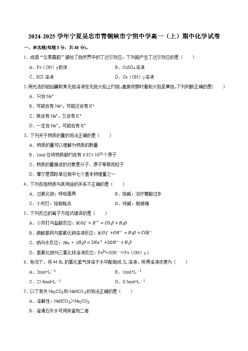 2024-2025学年宁夏吴忠市青铜峡市宁朔中学高一(上)期中化学试卷第1页
