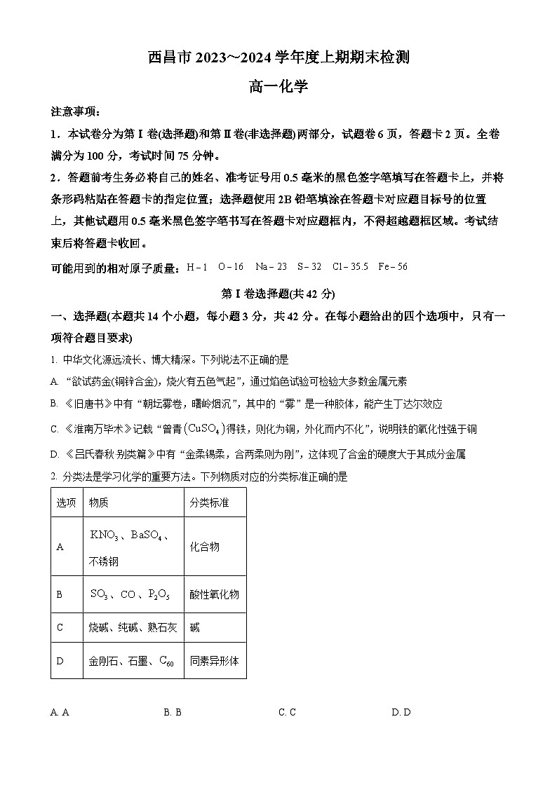 四川省凉山州西昌市2023-2024学年高一上学期期末考试化学试题 Word版无答案第1页