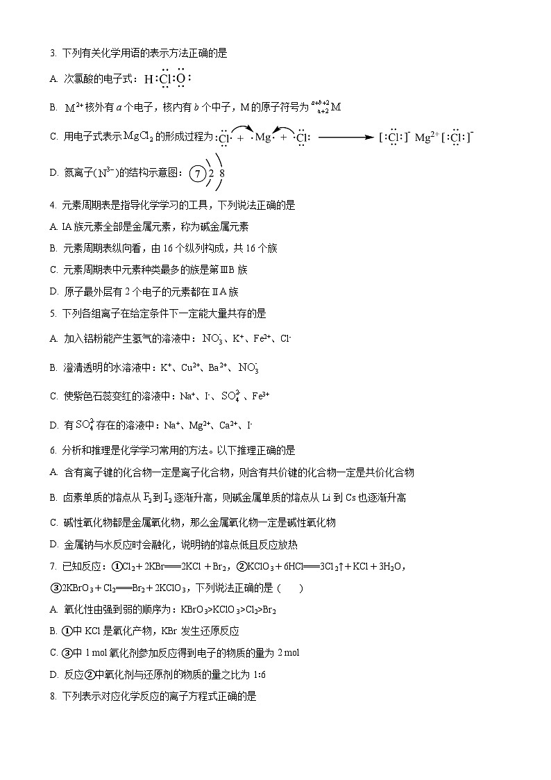 四川省凉山州西昌市2023-2024学年高一上学期期末考试化学试题 Word版无答案第2页