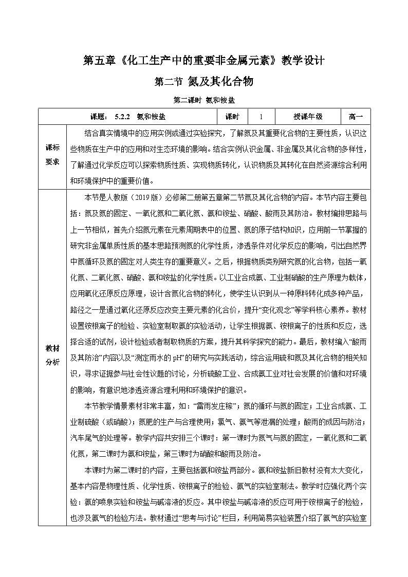 人教版（2019）高中化學(xué)必修二5.2.2 氮及其化合物—氨和銨鹽 教案第1頁(yè)