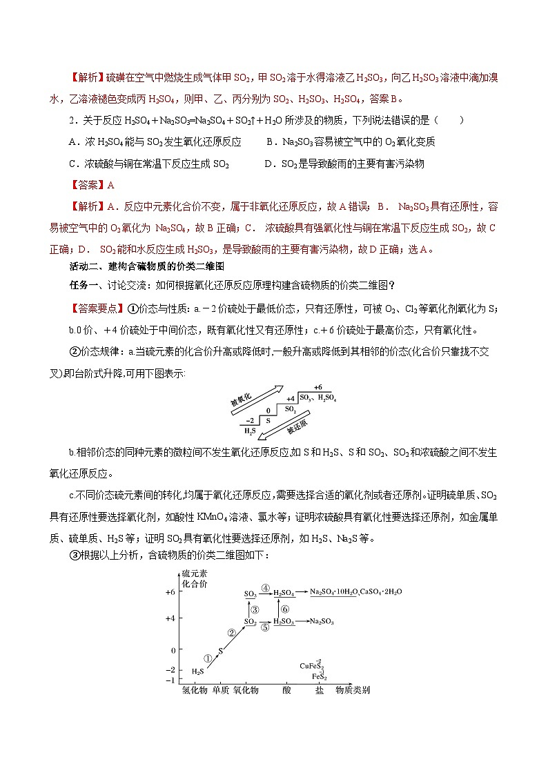 人教版(2019)高中化学必修二5.1.4 硫及其化合物—不同价态含硫物质的转化 导学案(解析卷)第3页