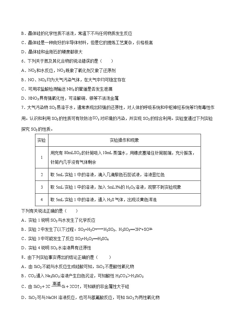 人教版（2019）高中化學(xué)必修二第五章  化工生產(chǎn)中的重要非金屬元素 單元測(cè)試 （原卷）第2頁(yè)