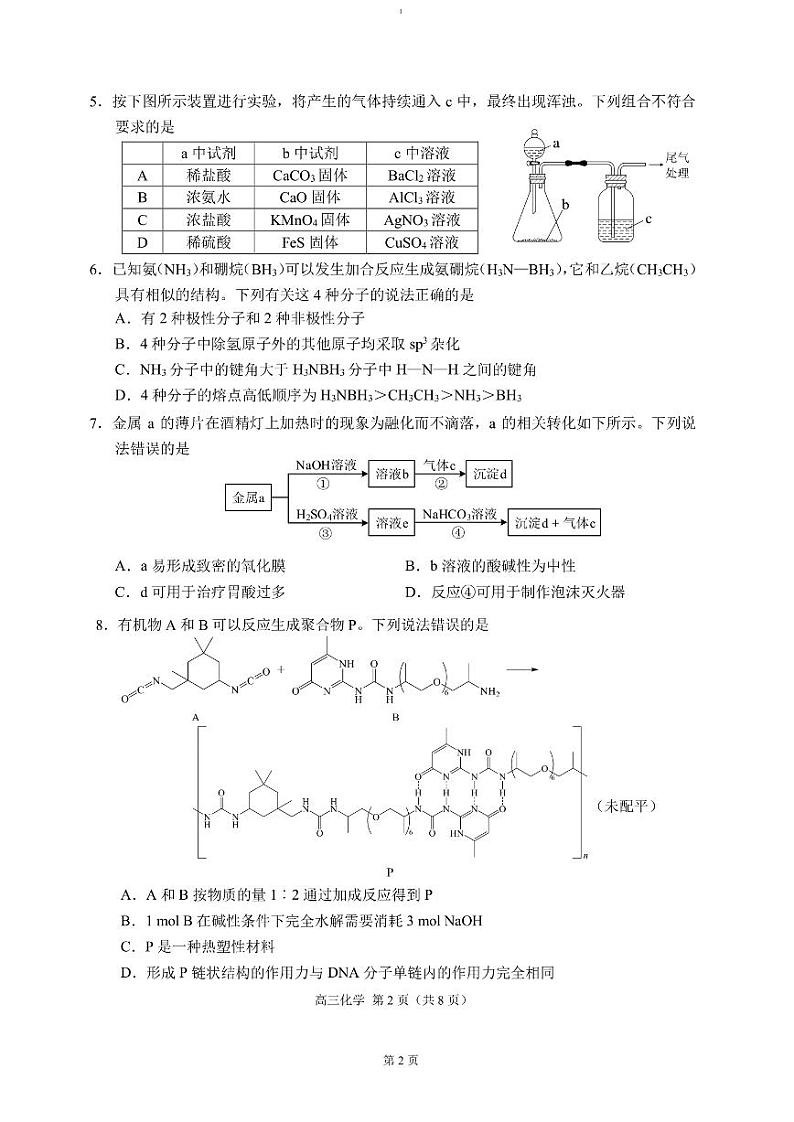 重庆市西南大学附属中学2024~2025学年高三上学期12月一诊模拟考试 化学 PDF版第2页
