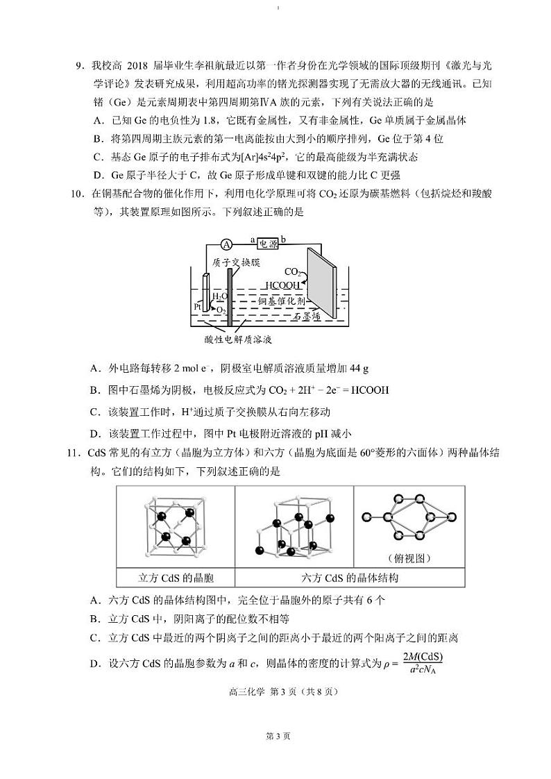 重庆市西南大学附属中学2024~2025学年高三上学期12月一诊模拟考试 化学 PDF版第3页