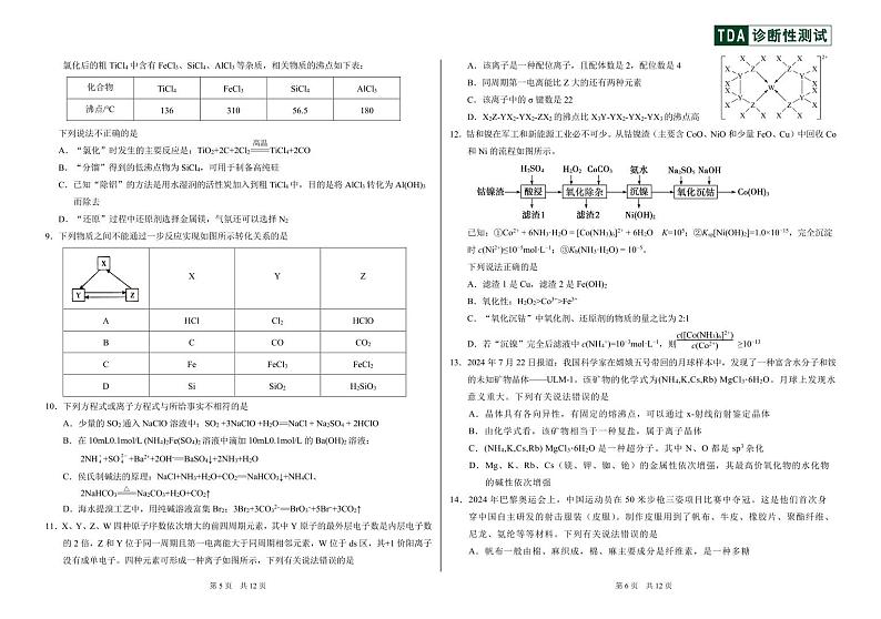 中学生标准学术能力诊断性测试(TDA)2024年高三上学期12月测试化学试题+答案第3页