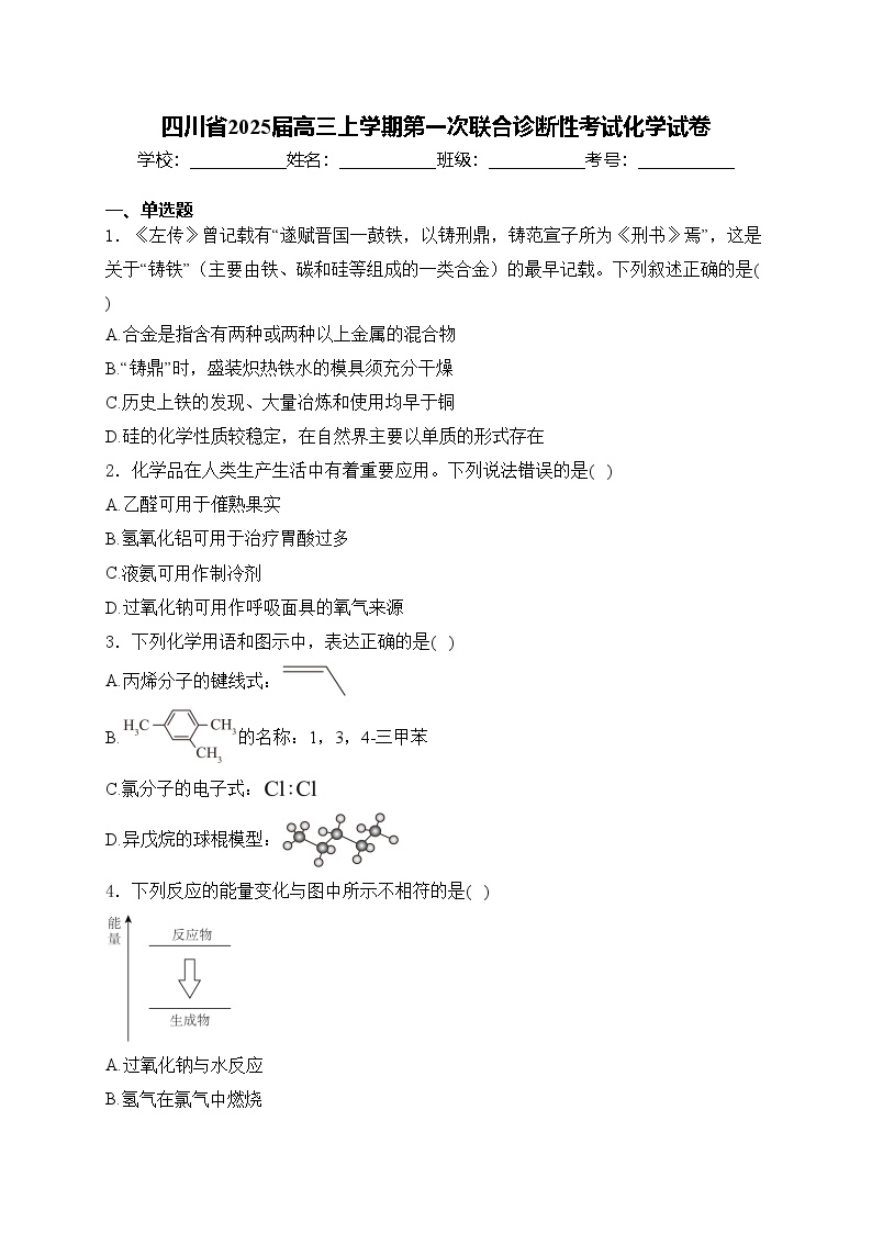 四川省2025届高三上学期第一次联合诊断性考试化学试卷(含答案)