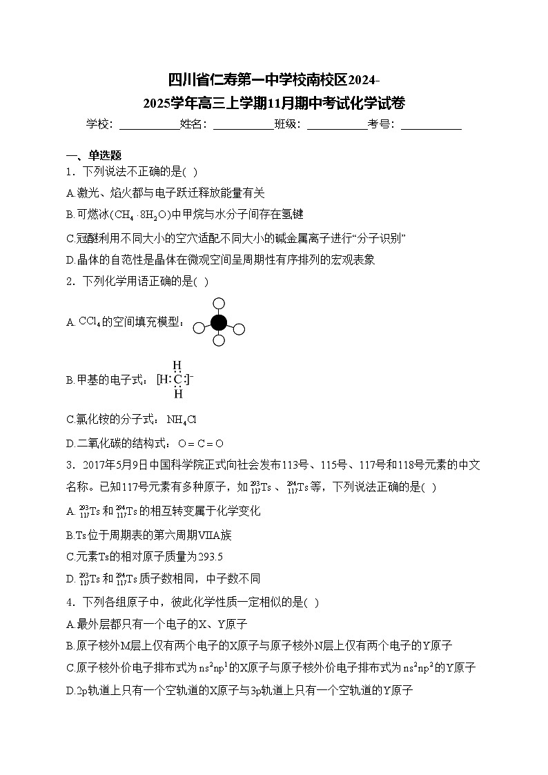四川省仁寿第一中学校南校区2024-2025学年高三上学期11月期中考试化学试卷(含答案)第1页