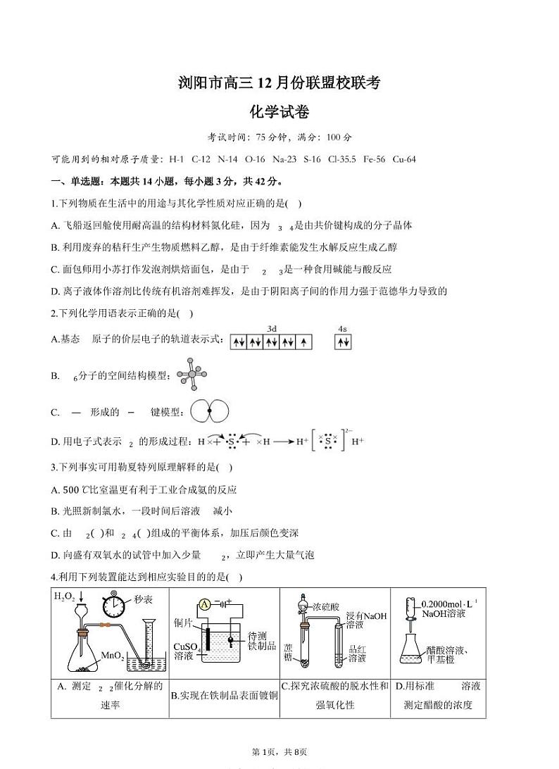 湖南省浏阳市联盟校2025届高三上学期上学期12月联考-化学试题+答案第1页