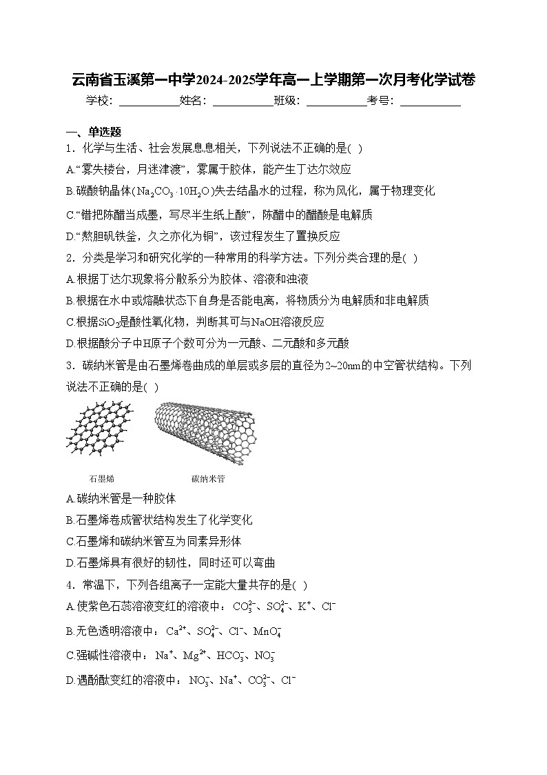云南省玉溪第一中学2024-2025学年高一上学期第一次月考化学试卷(含答案)第1页