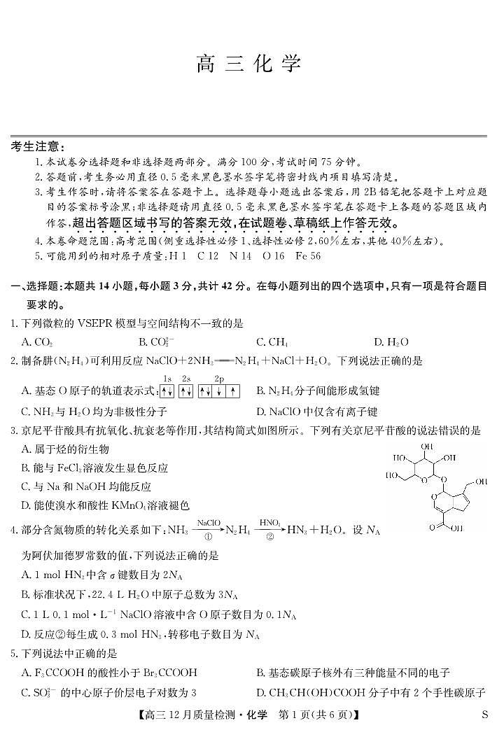 2025届江西九师联盟高三12月联考化学试卷(含答案)第1页