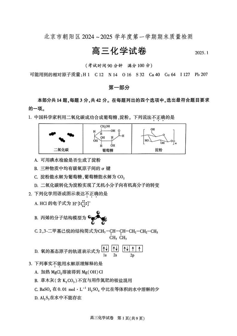 北京市朝阳区2024-2025学年高三上学期期末考试 化学试题第1页