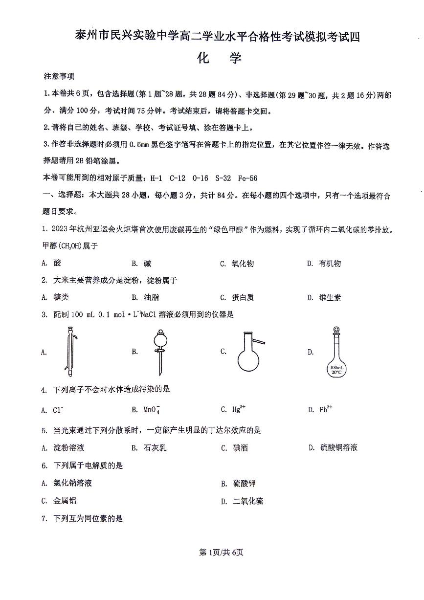 江苏省泰州市民兴实验中学2024-2025学年高二上学期学业水平测试模拟考试化学试卷（四）