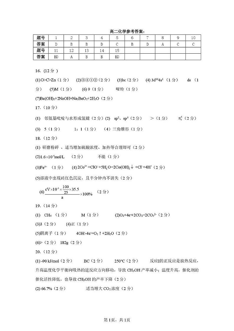 5-济宁市第一中学2025年1月高二质量检测-化学答案第1页