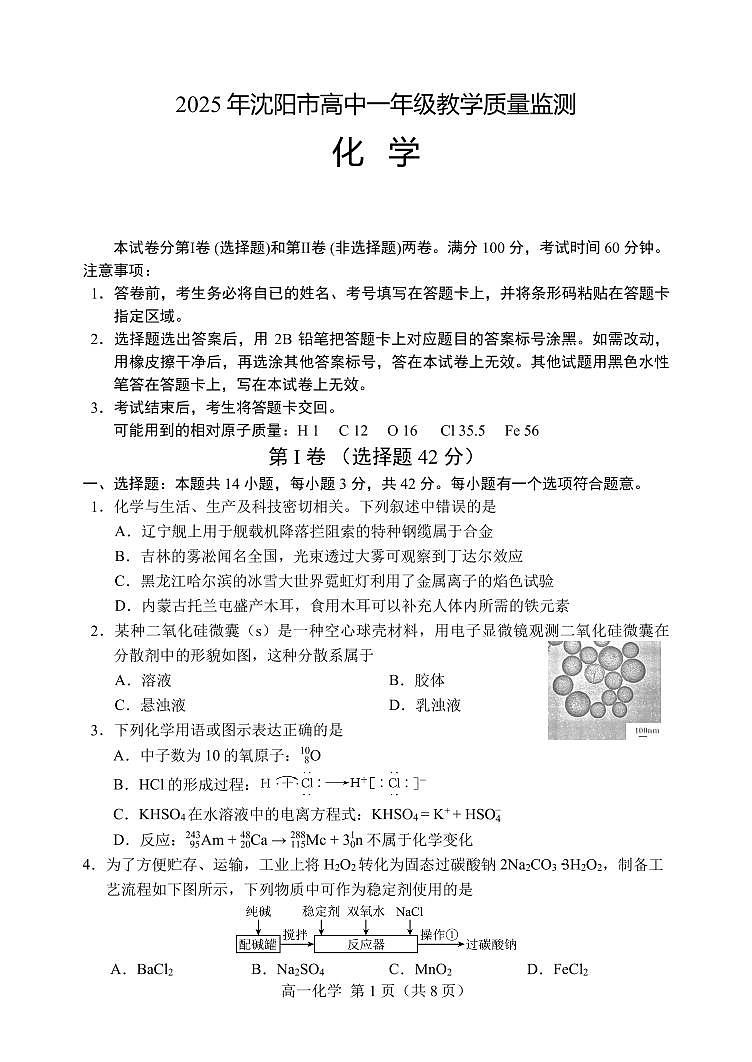 辽宁省沈阳市2024-2025学年高一上学期1月期末考试化学试题第1页