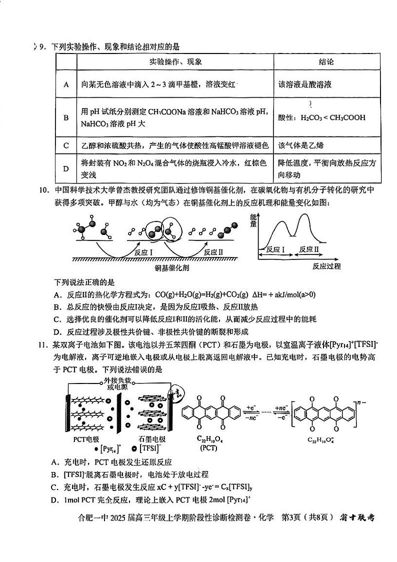 安徽省十联考合肥市第一中学等校2025届高三上学期高考一轮复习阶段性诊断检测-化学试卷+答案第3页