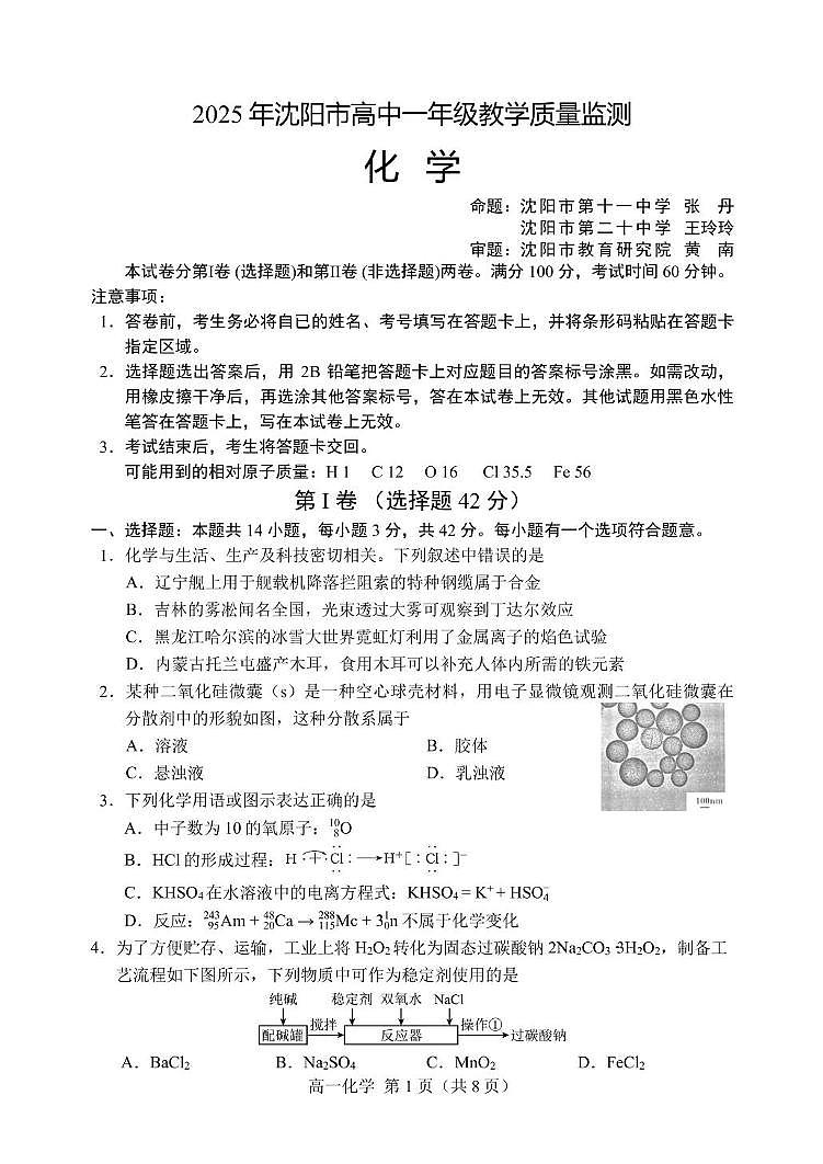 2025年高一化学试题第1页