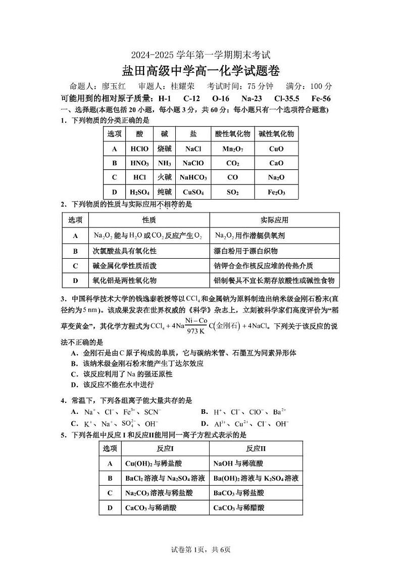 化学-广东省深圳市盐田高级中学2024-2025学年高一上学期1月期末试题第1页