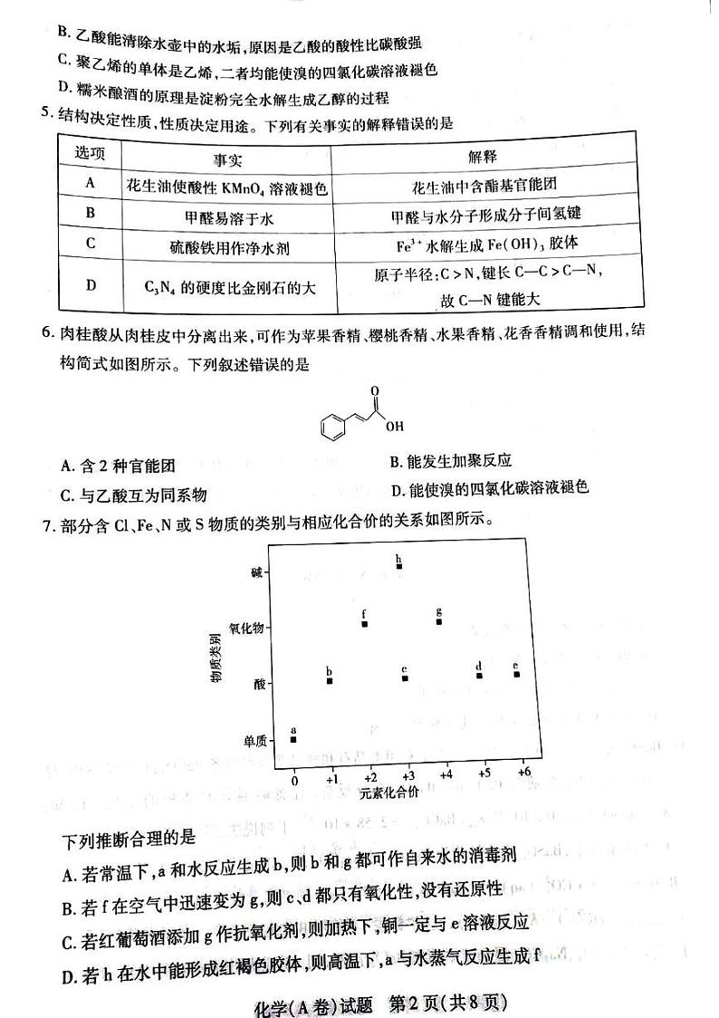 河南天一大联考2024-2025学年高三上学期12月毕业班阶段性测试(四)化学试题A卷第2页