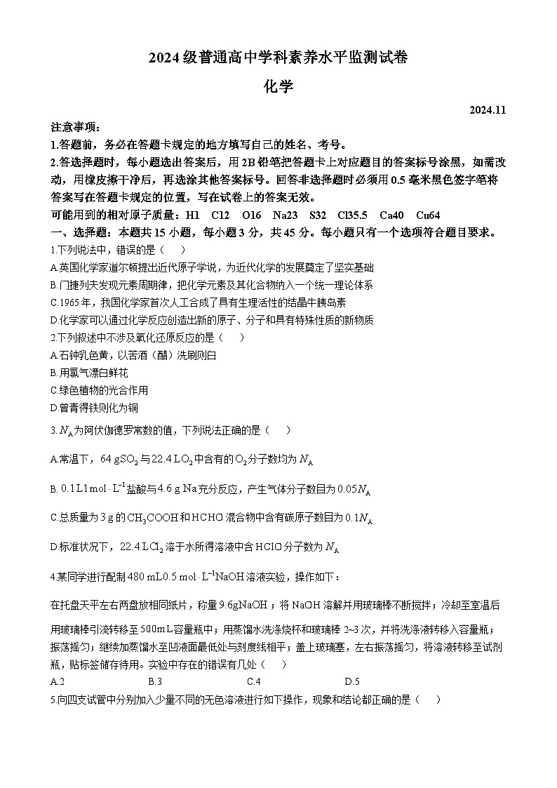 2025临沂高一上学期11月期中考试化学无答案第1页