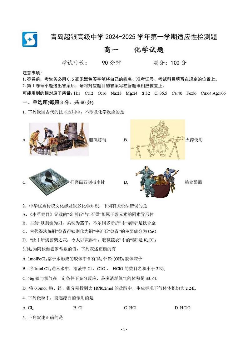 山东省青岛超银高级中学2024-2025学年高一上学期适应性检测 化学试题第1页