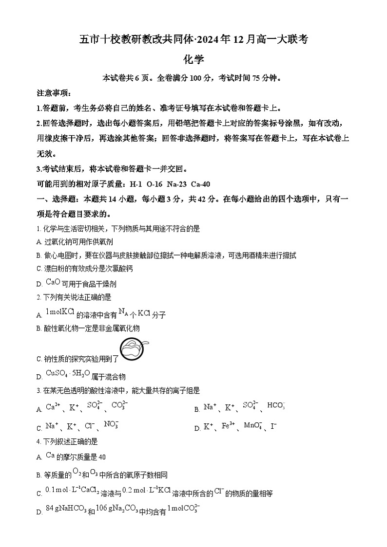湖南省五市十校教研教改共同体2024-2025学年高一上学期12月联考化学试题(原卷版)第1页
