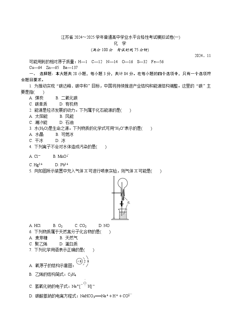 江苏省普通高中2024-2025学年高二上学期学业水平合格性考试模拟（一）化学试卷（含解析）